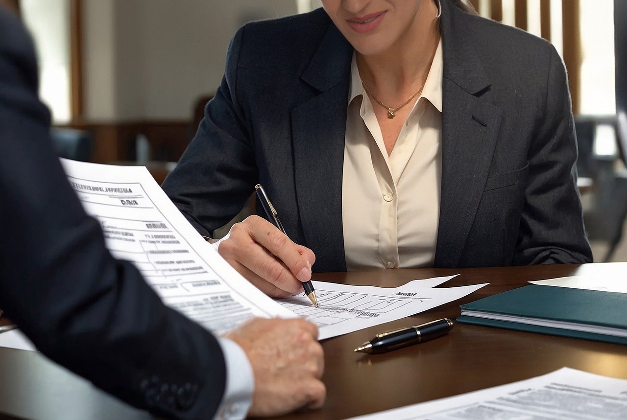 Two professionals in formal attire review and sign documents, illustrating direct mail solutions for law firms